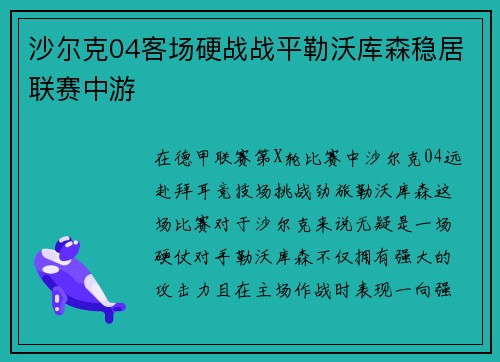 沙尔克04客场硬战战平勒沃库森稳居联赛中游
