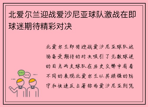 北爱尔兰迎战爱沙尼亚球队激战在即球迷期待精彩对决
