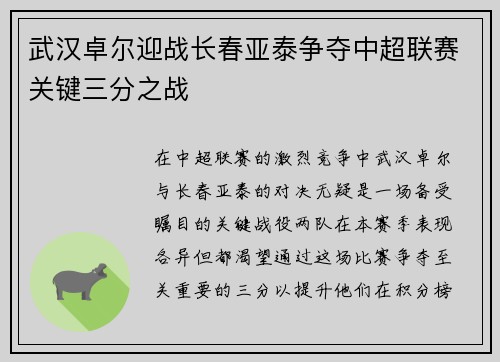 武汉卓尔迎战长春亚泰争夺中超联赛关键三分之战