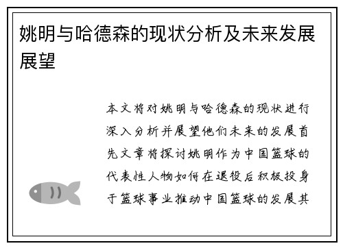 姚明与哈德森的现状分析及未来发展展望